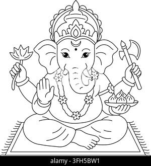 Lord Ganesha coloring page outline. Vector black and white Hindu deity line art character isolated on white background. Stock Vector