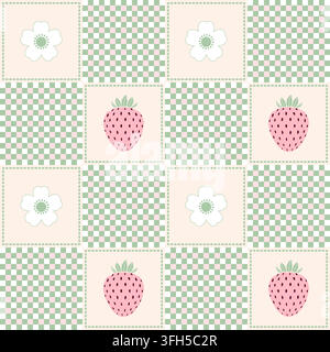 Patchwork seamless pattern with strawberries, flowers and green gingham tiles.  Stock Vector