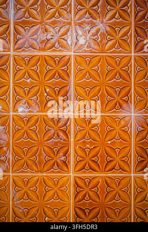 Close-up of traditional orange ceramic tiles with a raised floral geometric relief pattern on a historic exterior wall surface. Stock Photo