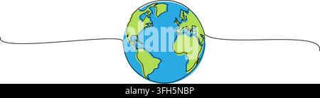 continuous line drawing of planet earth globe with green continents and blue oceans, line art vector illustration Stock Vector