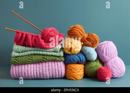 Colorful balls of yarn and handmade knitted garments arranged on a table, showcasing knitting, textile crafts, creativity and handmade fiber art. Stock Photo