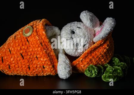 Handmade crocheted white bunny emerging from a large orange carrot with green leaves, photographed against a black background. Stock Photo