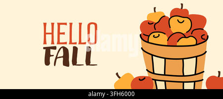 Hello fall banner with basket of apples hand drawn vector Stock Vector