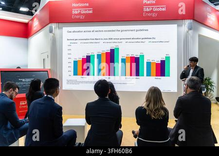 Bangkok, Thailand. 15th Sep, 2026. General view of the S&P Global booth featuring a screen displaying a bar chart on sectoral gas consumption at Gastech 2026 at the BITEC Exhibition Center. Gastech 2026 is the world's largest exhibition for natural gas, LNG, low-carbon solutions and AI for energy. The event brings together energy professionals, exhibitors and decision-makers from around the world at the BITEC Exhibition Center. Credit: SOPA Images Limited/Ģ����ý Live News Stock Photo