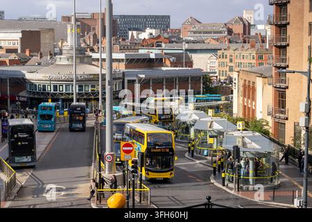 Queen Square bus station serves the city of Liverpool, Merseyside, England. The bus station is owned and managed by Merseytravel.  It is situated adjacent to Queen Square in the city centre and is approximately 300 metres away from the Lime Street railway station. Stock Photo