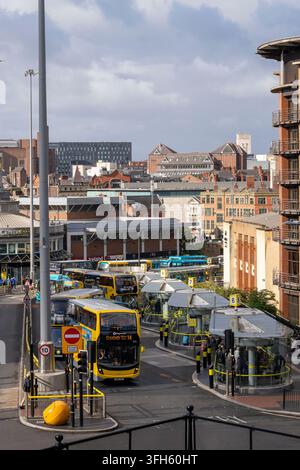 Queen Square bus station serves the city of Liverpool, Merseyside, England. The bus station is owned and managed by Merseytravel.  It is situated adjacent to Queen Square in the city centre and is approximately 300 metres away from the Lime Street railway station. Stock Photo