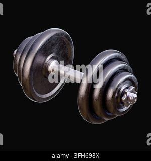 Photorealistic dumbbell in flight. Modern illustration isolated on black background. 3d render Stock Photo