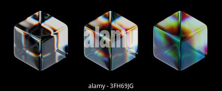 Set glossy cubes with dispersion effect. Modern illustration isolated on black background. 3d render Stock Photo