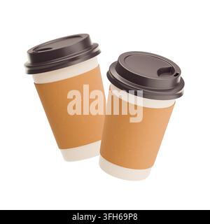 Mockup with two flying paper coffee cups. Modern illustration isolated on white background. 3d render Stock Photo