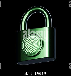 Green lock with fingerprint scanner. Biometric verification. Touch ID. Modern illustration isolated on black background. 3d render Stock Photo