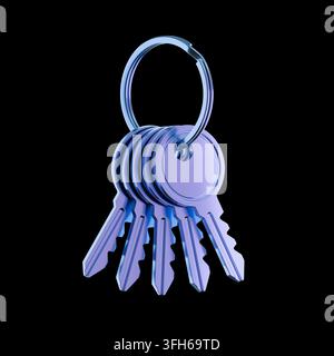 Bunch of keys on the ring. Modern illustration isolated on black background. 3d render Stock Photo
