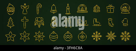 Christmas icons set in golden metallic 3d thin lines Stock Vector