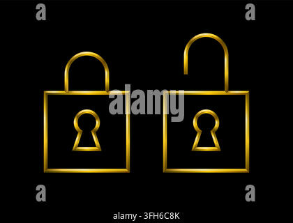 Lock unlock symbos sign in golden metallic thin 3d lines Stock Vector