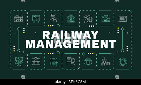 Railway management dark green banner with outline icons Stock Vector