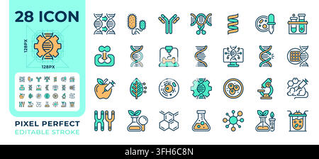 Biotechnology pixel perfect line color icons set Stock Vector