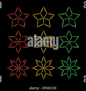 Set Christmas stars in golden metallic lines Stock Vector