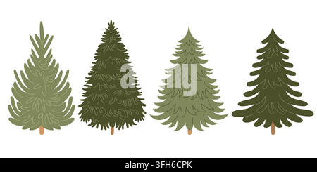Hand-drawn evergreen trees set, pine and fir illustrations for seasonal winter or Christmas decor or packaging Stock Vector