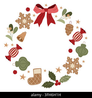 Hand-drawn Christmas decorative wreath made of gingerbread cookies, Christmas ornaments, mistletoe, sweets and holly berries Stock Vector