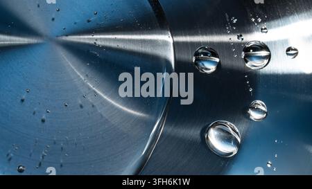 Macro view of clear water droplets resting on a brushed metal surface, with radial reflections, cool blue tones, and polished industrial texture for a Stock Photo