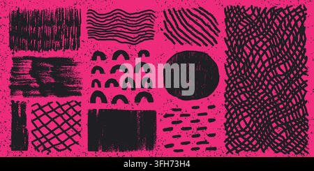 Crayon grunge texture pack with chalk hatch lines and rainbow arch pattern layers rough crayon cross hatch plus dotted brush stroke on bold pink Stock Vector