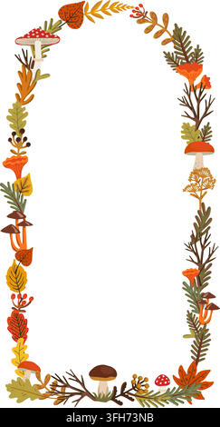 Autumn arch wreath with toadstool, chanterelle and pine branches circling forest border foliage. Berries and oak leaves fill sides while center stays Stock Vector