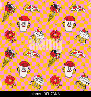 Groovy pattern funky with pizza, coffee and donuts Stock Vector