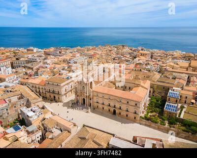 The Cathedral of Syracuse or Duomo di Siracusa or Cattedrale Metropolitana aerial panoramic view in Syracuse. Siracusa is the fourth largest city in S Stock Photo