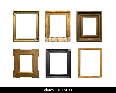 Collection of antique gilded picture frames isolated on white background Stock Photo