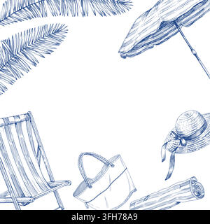 Frame of the umbrella, chair, hat, beach bag and palm leaves. Handmade ink illustration. For design of cards, cover, prints, product labels and fabric Stock Vector