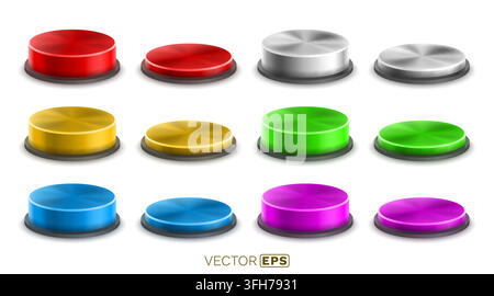 Set of colorful 3D glossy buttons with metallic texture in various states, some pressed and some unpressed. Vector illustration Stock Vector
