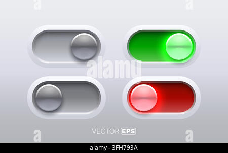 Set of Neumorphic Toggle Switches for UIUX Design, including on, off, and warning states. Vector illustration Stock Vector