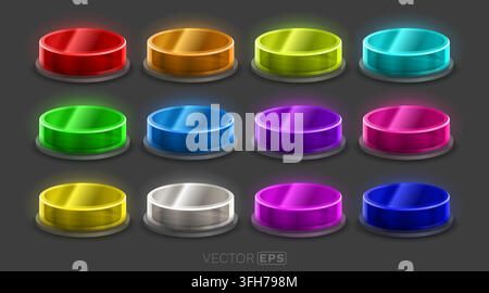 Collection of glowing colorful glass buttons or podiums in various vibrant colors on a dark background. Vector illustration Stock Vector