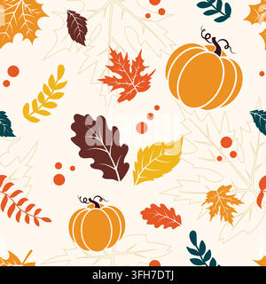 Autumn leaves and pumpkins seamless pattern. Stock Vector