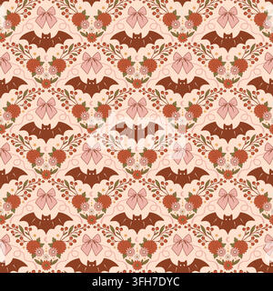 Retro bat and floral Halloween seamless pattern. Stock Vector