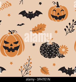 Spooky pumpkin and jack-o-lantern Halloween seamless pattern Stock Vector