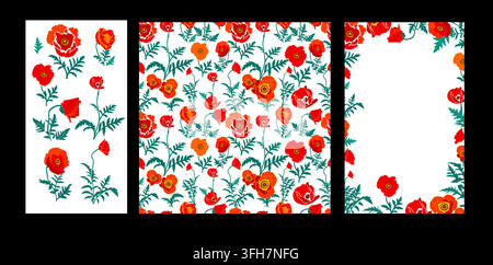 red poppy frame. Set of poppy backgrounds. Seamless floral pattern.. Hand drawn. Not AI, vector illustration. Stock Vector