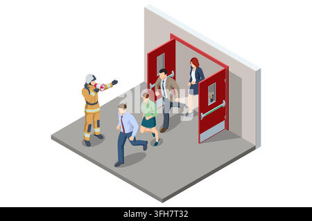Isometric office evacuation with firefighter directing people through emergency exit Stock Vector