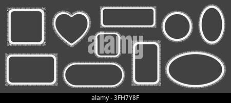 Pack of scalloped white postage frames isolated. Outline border template. Simple minimalist label text box. Blank scallop edge stamp mockup. Vector il Stock Vector