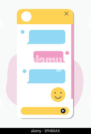 Flat vector illustration of a mobile smartphone screen interface featuring chat speech bubbles, smiley emoji, and input send button. Stock Vector