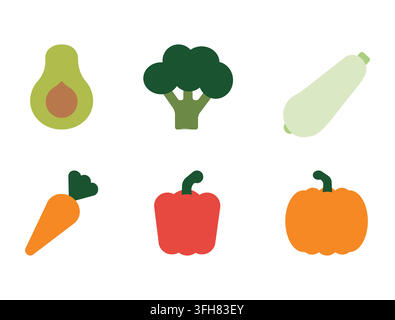 Minimalist vegetable icon set with broccoli, zucchini, carrot, pepper and pumpkin. Flat vector isolated illustration  Stock Vector
