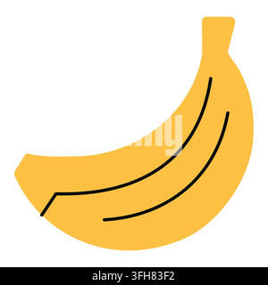 Yellow banana icon with simple black details in minimal flat style. Vector isolated illustration on white background. Stock Vector
