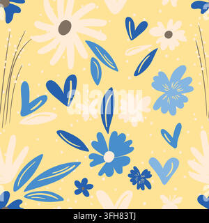Seamless blooming floral pattern based on hand drawn art ornaments. Colorful flowers, leaves, plants on color background. Vector illustration. Simple Stock Vector