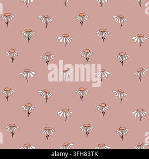 Seamless blooming floral pattern based on hand drawn art ornament. Colorful chamomile flowers, leaves, plants on color background. Vector illustration Stock Vector