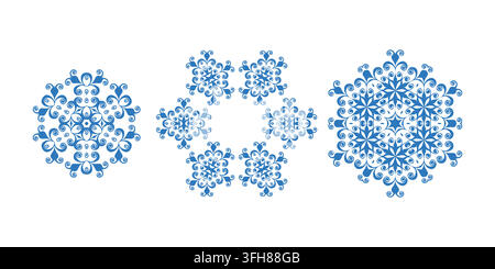 Blue template snowflake. Isolated snowflakes icon, round mandala. Winter Holiday cartoon flat illustration. Merry Christmas and New year Vector. Hand Stock Vector