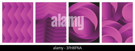 Collection of four modern abstract backgrounds featuring dynamic geometric shapes, smooth flowing curves, and vibrant purple gradient designs for crea Stock Vector