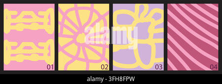 A collection of four modern abstract backgrounds featuring hand-drawn doodle patterns, geometric shapes, and organic lines in a soft pastel color pale Stock Vector