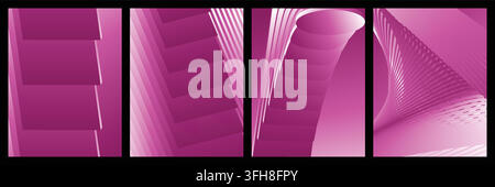A set of four abstract backgrounds featuring pink geometric shapes, repeating lines, and flowing curves in a modern minimalist design style. Stock Vector