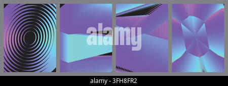 A collection of four modern abstract backgrounds featuring dynamic geometric shapes, radial patterns, and vibrant purple and blue gradient color trans Stock Vector