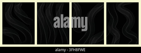 Set of four abstract backgrounds featuring elegant flowing wave lines created with fine white strokes on a solid black background. Stock Vector