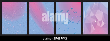 A collection of four abstract vertical backgrounds featuring soft pink and blue gradients with geometric patterns, lines, dots, and low poly designs. Stock Vector